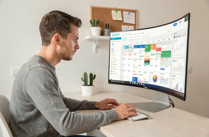 Jeune entrepreneur freelance analysant les tendances marketing 2024 depuis son bureau à domicile
