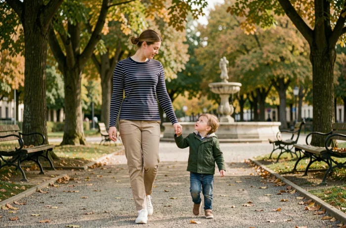 Nounou se promenant avec un jeune enfant dans un parc de Besançon en automne