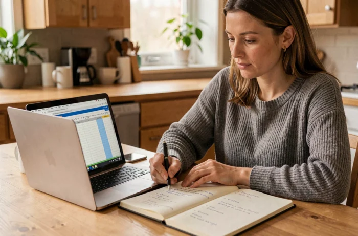 Femme gérant son budget personnel sur un ordinateur portable avec un carnet de notes à la maison