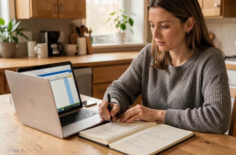 Femme gérant son budget personnel sur un ordinateur portable avec un carnet de notes à la maison