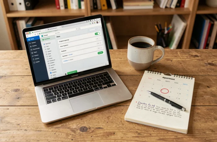 Bureau avec ordinateur portable ouvert sur une interface de gestion de rendez-vous, calendrier imprimé et notes manuscrites pour modifier un rendez-vous Carglass