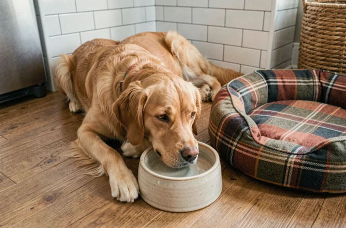 Golden retriever nain allongé sur un parquet en bois près de sa gamelle, illustrant un environnement domestique adapté à l'adoption de cette race
