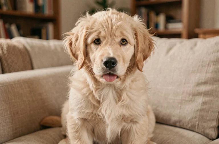 Golden retriever nain assis sur un canapé beige, regard attentif et expressif, parfait pour illustrer le tempérament affectueux de la race