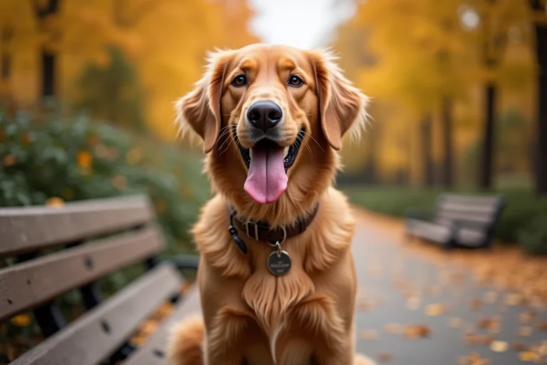 Golden retriever assis sur un banc en bois dans un parc aux couleurs d'automne, langue tirée et regard vif