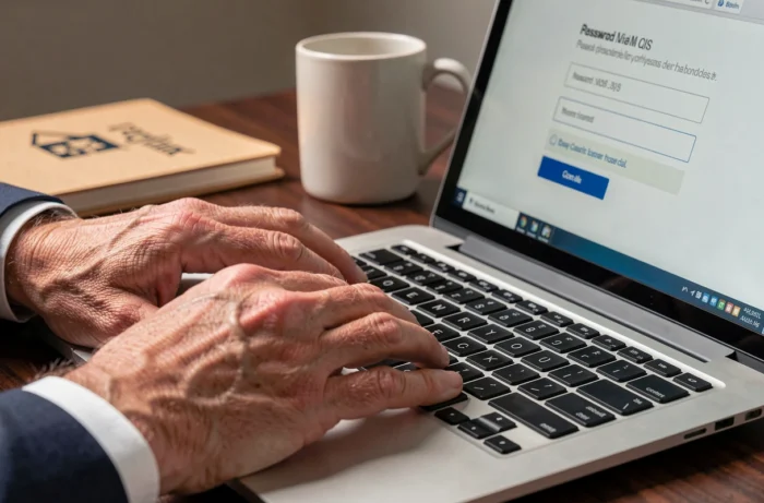 Gros plan sur des mains tapant les identifiants de connexion sur l'intranet iad France
