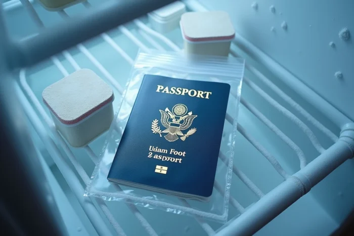 Gros plan d'un passeport dans un sac congélation posé sur une étagère givrée à l'intérieur d'un congélateur ouvert