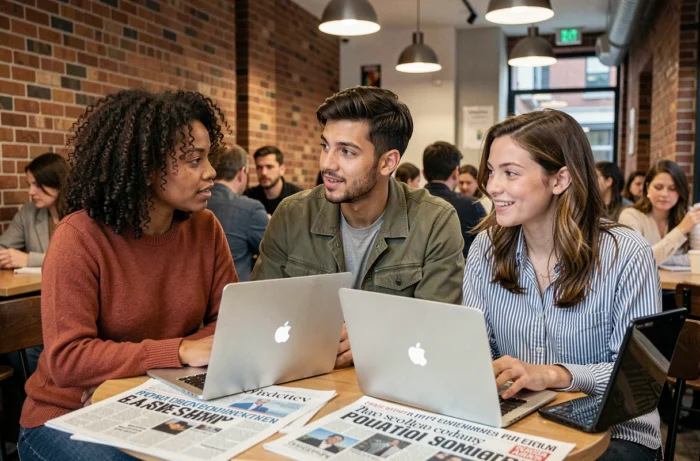 Groupe de jeunes adultes explorant les rubriques d'un portail d'actualités internationales dans un café urbain