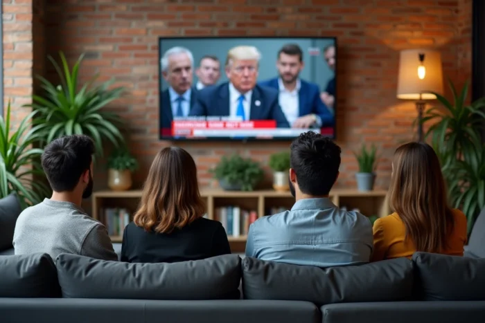 Groupe de personnes réunies dans un espace de co-working regardant un journal télévisé en direct