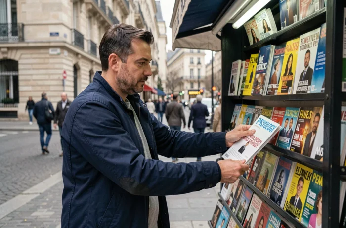 Homme achetant un numéro de magazine au numéro dans un kiosque parisien en plein air