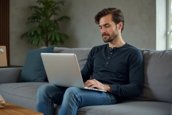 Homme effectuant un achat en plusieurs fois sur un site de mode en ligne depuis son ordinateur portable dans son salon