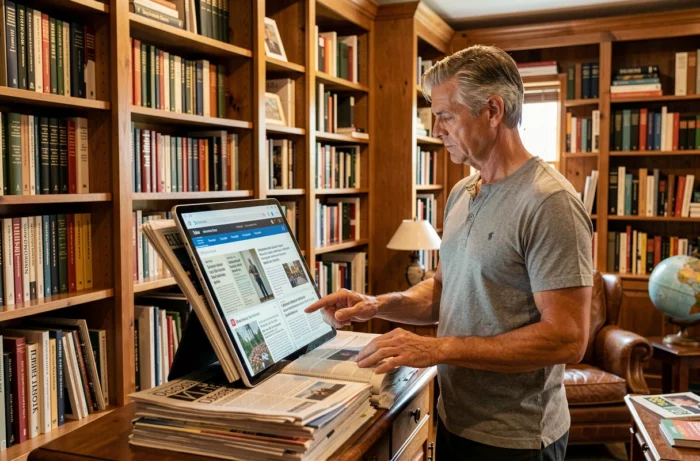 Homme consultant les rubriques d'un portail d'actualités mondiales sur une tablette dans une bibliothèque personnelle