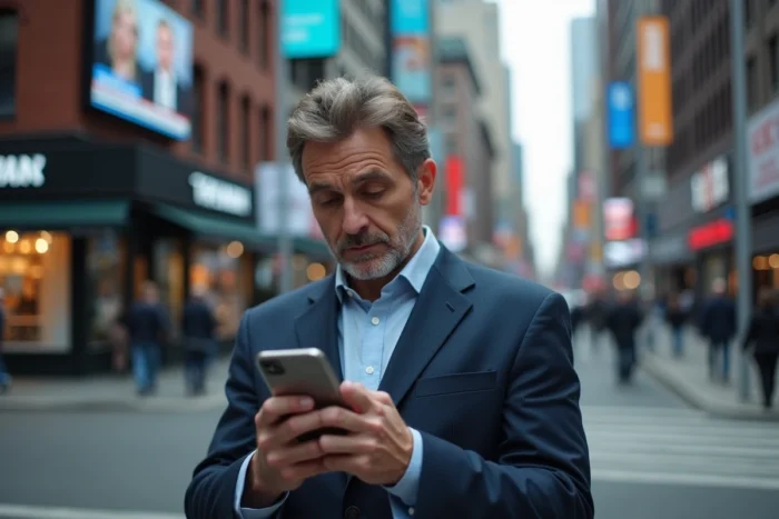 Homme en ville consultant une application d'actualités en continu sur son smartphone dans la rue