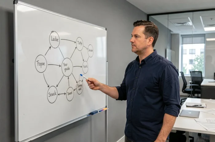 Homme analysant une carte mentale sur un tableau blanc dans une salle de réunion professionnelle
