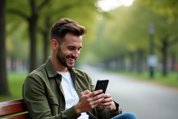 Homme souriant consultant une application de rencontre gay sur son smartphone dans un parc urbain, évoquant les possibilités de belles rencontres avec l'application Gaymec