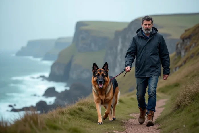 Homme barbu en veste imperméable promenant un berger allemand en laisse sur un sentier côtier rocheux avec brume marine