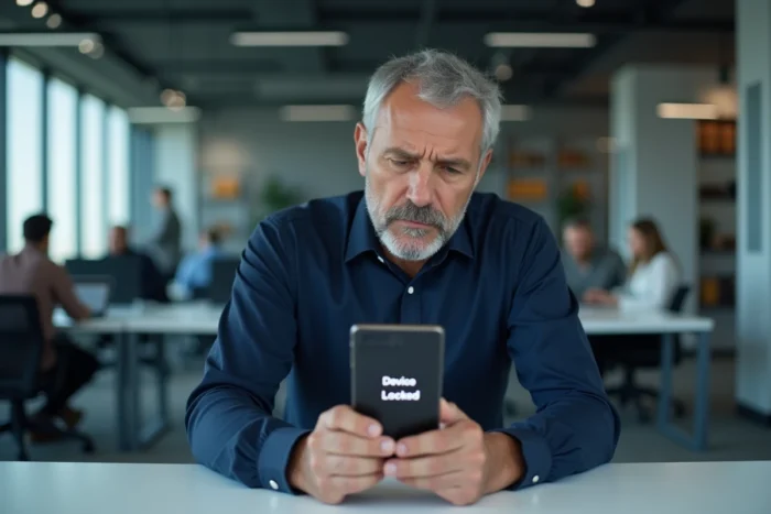 Homme d'affaires regardant un téléphone Samsung verrouillé dans un bureau moderne en open space