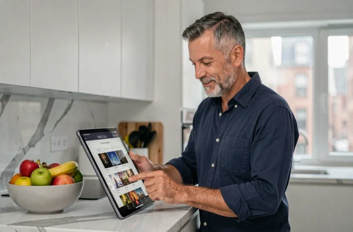 Homme consultant le catalogue de films du site 1jour1film 2026 sur une tablette dans sa cuisine