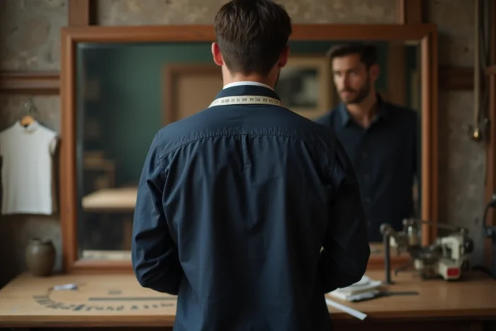 Homme portant une chemise taille L dans un atelier de couture avec mètre ruban pour illustrer les équivalences de tailles