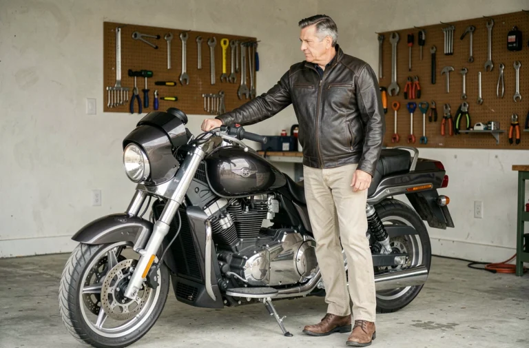 Homme d'une cinquantaine d'années examinant une moto de tourisme dans un garage, vêtu d'une veste en cuir et de bottes de moto