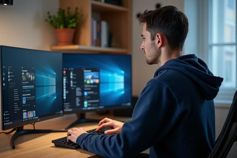 Homme comparant une distribution Linux et Windows sur un écran ultrawide dans un bureau moderne