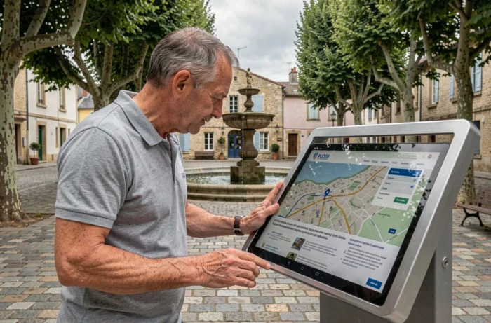 Homme consultant la carte du site d'une collectivité locale sur une tablette dans une place de village française