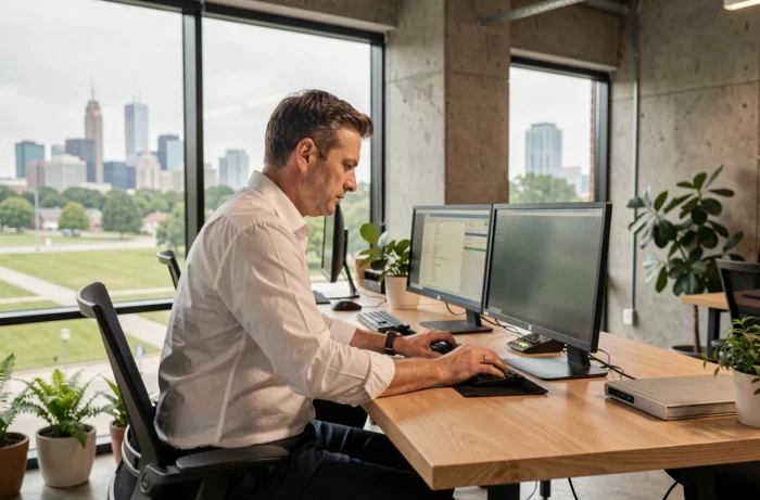 Homme professionnel travaillant dans un espace de coworking avec vue sur deux horizons urbains, illustrant les avantages de vivre entre deux métropoles
