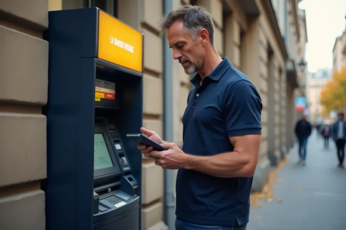 Homme consultant son solde à un distributeur La Banque Postale pour vérifier un virement CAF