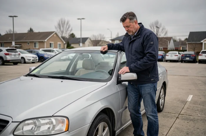Homme inspectant une voiture d'occasion dans un parking de concessionnaire automobile