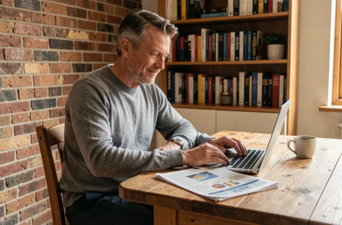Homme consultant des données boursières sur ordinateur portable à la maison avec journal financier ouvert