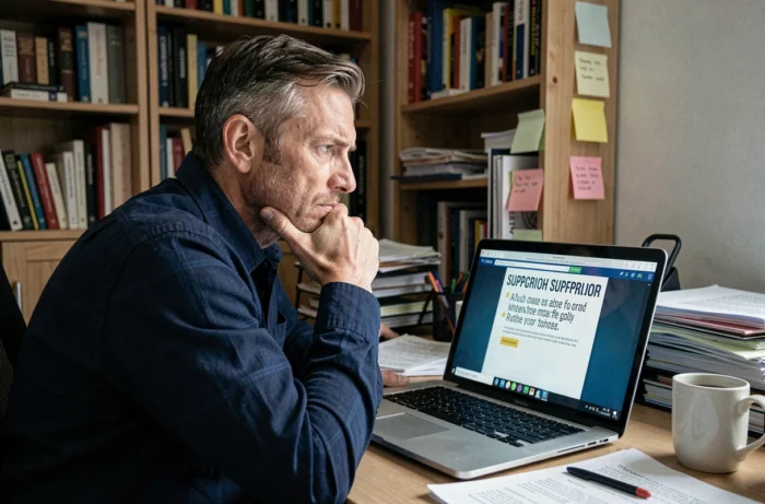 Homme méfiant devant son ordinateur portable face à une offre d'emploi d'emballage suspecte sur internet