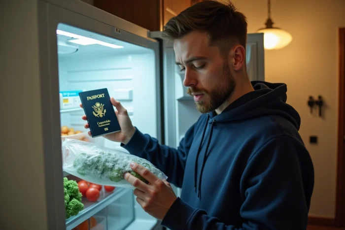 Homme inspectant un passeport congelé conservé dans un sac plastique au congélateur de son appartement