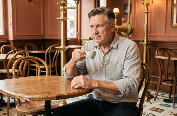 Homme politique français dans un café parisien traditionnel, moment de vie privée et détente