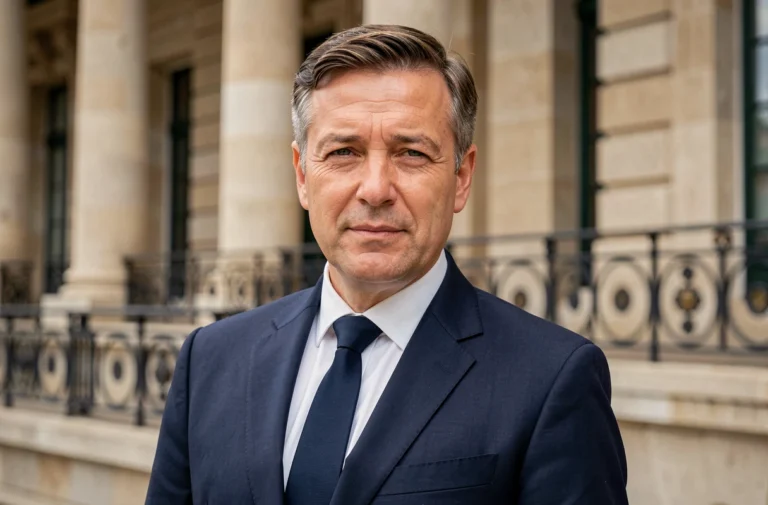 Portrait d'un homme politique français en costume sombre devant un bâtiment officiel, style éditorial