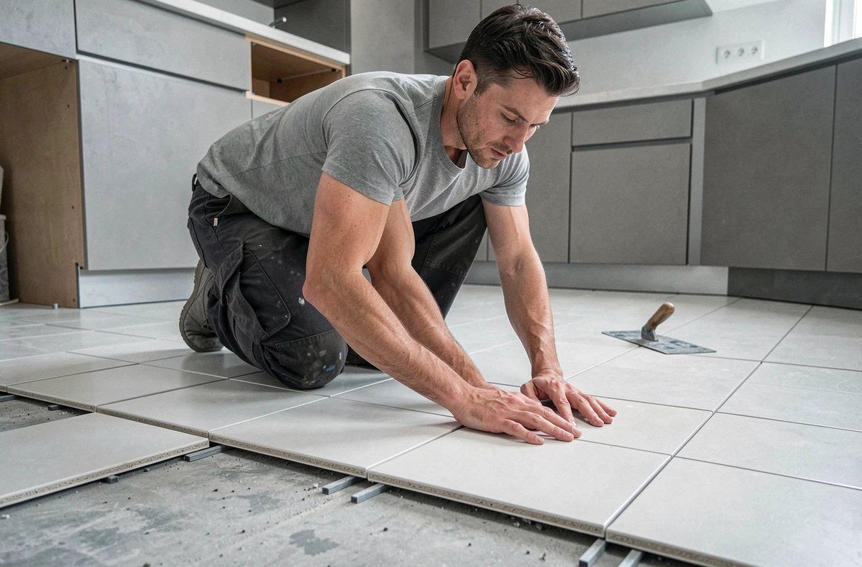 Homme posant des carreaux céramiques sur le sol d'une cuisine en cours de rénovation