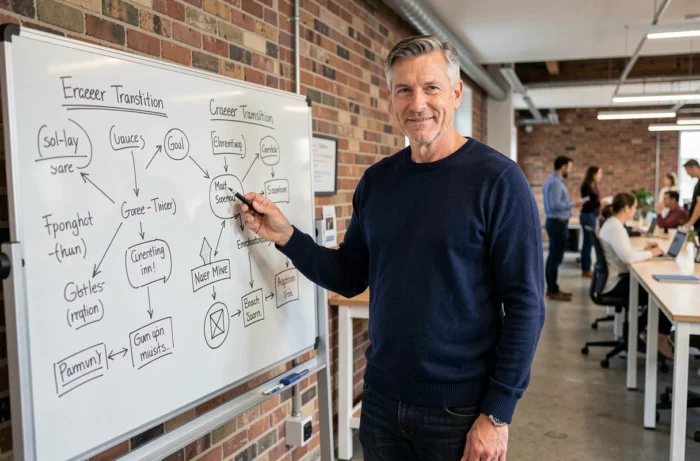 Homme en pleine reconversion professionnelle devant un tableau blanc avec des schémas de planification de carrière dans un espace de coworking moderne