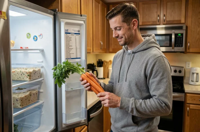 Homme inspectant son réfrigérateur avec des carottes fraîches à la main, planifiant un repas simple et rapide en semaine
