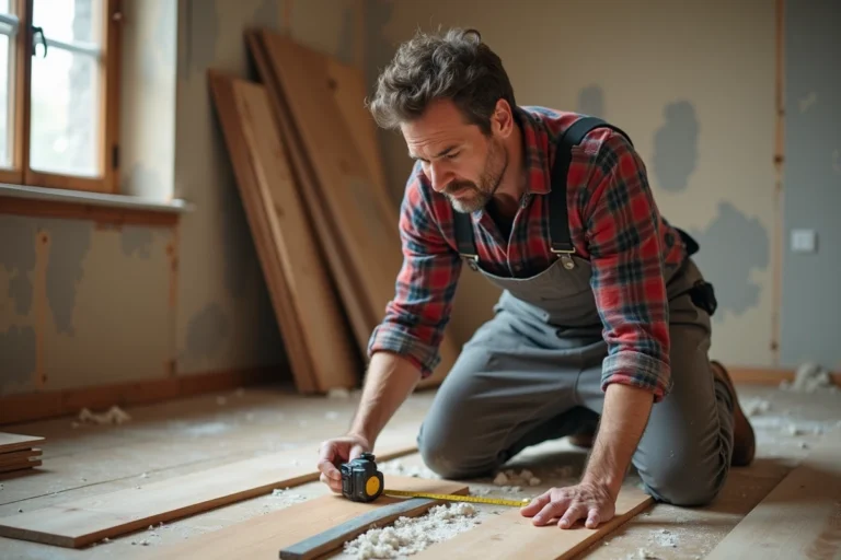 Homme en tablier de travail mesurant des lames de parquet dans une pièce en cours de rénovation