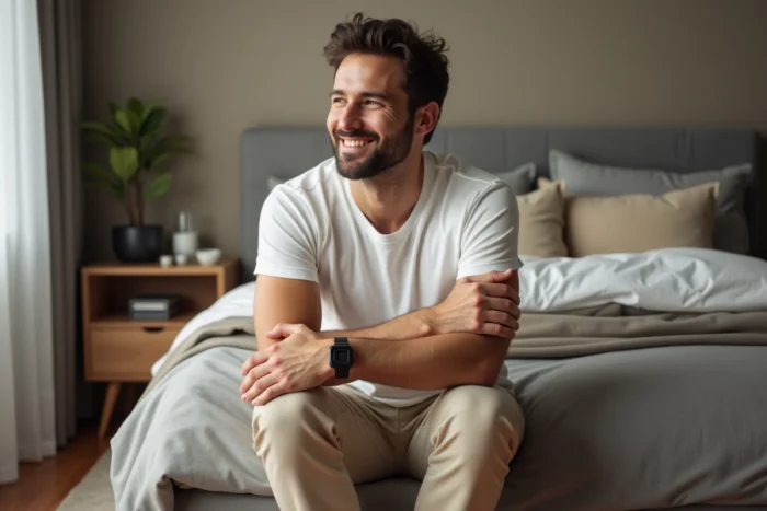 Homme souriant et détendu assis au bord d'un lit, exprimant un sentiment de satisfaction et de bien-être après un moment d'intimité dans un couple épanoui