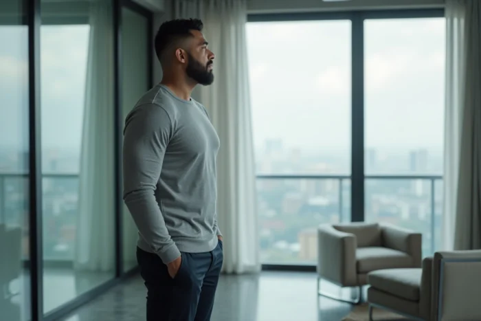 Un homme athlétique seul devant une grande fenêtre dans un appartement moderne, reflétant la solitude après une séparation