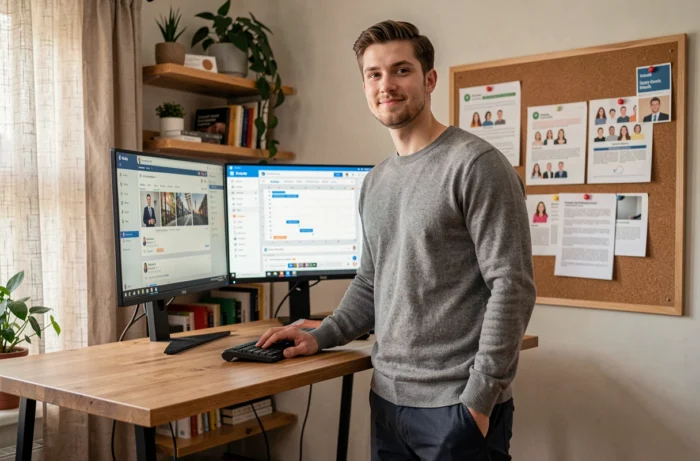 Jeune homme travaillant depuis son bureau à domicile sur des outils de marketing digital et de gestion de contenu en ligne