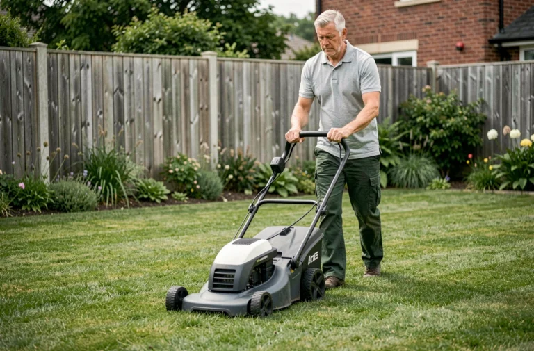 Homme utilisant une tondeuse électrique dans un jardin suburban, guide d'achat tondeuse électrique 2024