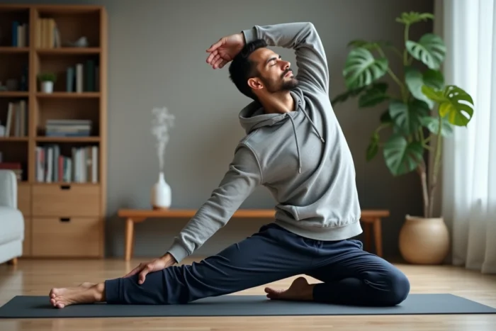Homme pratiquant des étirements sur un tapis de yoga chez lui pour réduire le stress et perdre du poids