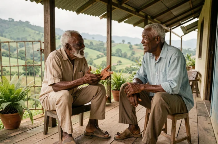 Deux hommes âgés jamaïcains en conversation sur une véranda rurale, évoquant la tradition orale et le parler créole jamaïcain