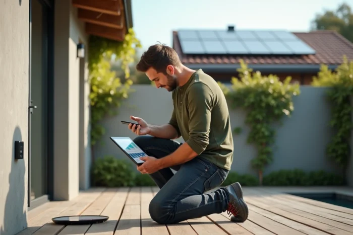 Homme installant un dispositif de surveillance de panneaux solaires sur une terrasse moderne en bois avec une façade en béton et de la végétation grimpante