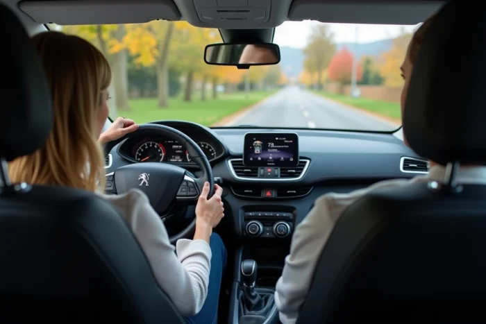 Conductrice au volant d'une Peugeot 208 avec tableau de bord i-Cockpit, guide choix motorisation