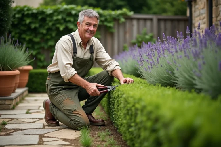 Jardinier professionnel en train de tailler une haie dans un jardin résidentiel bien entretenu