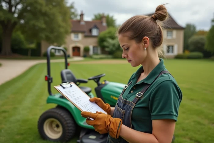 Jardinière professionnelle consultant un devis à côté d'une tondeuse autoportée dans un grand jardin