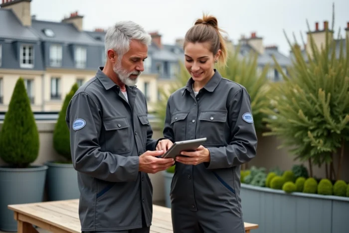 Deux jardiniers professionnels discutant d'un plan d'entretien sur une terrasse végétalisée à Paris