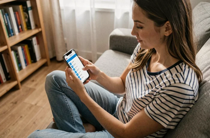Jeune femme utilisant son smartphone pour explorer la carte de navigation d'un site de collectivité territoriale
