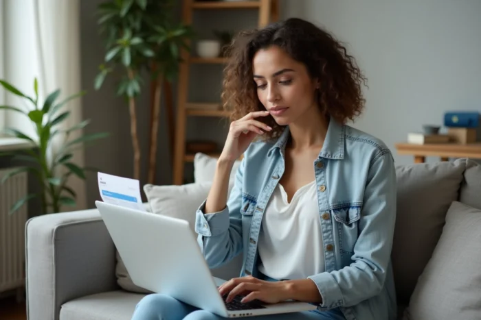 Jeune femme vérifiant un avis CAF et son compte Banque Postale sur ordinateur portable